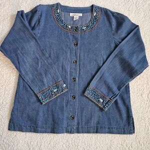 Serengeti Denim Top Women Large Art Yarn Embroidery With Blue Gems